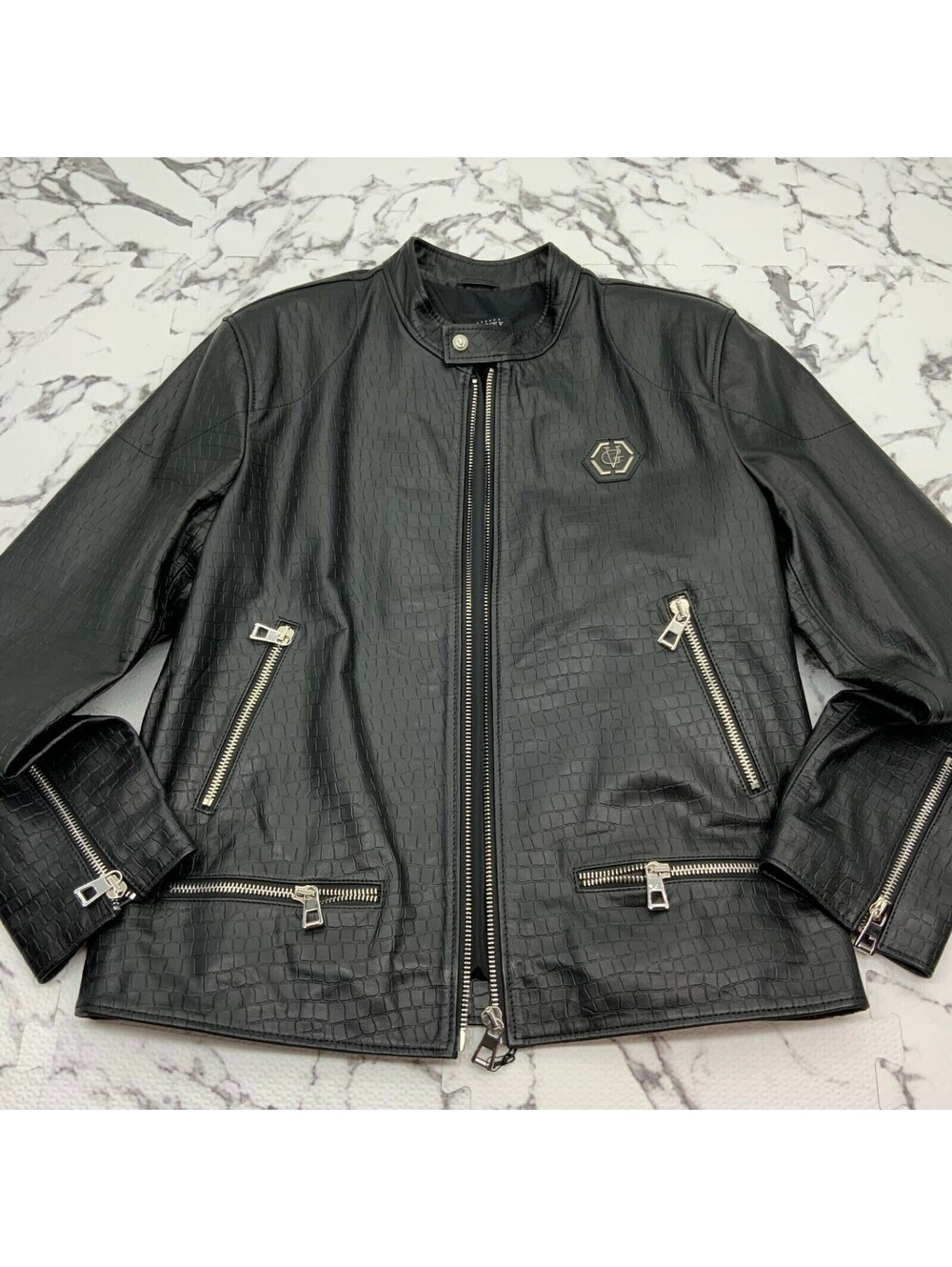 Men's Black Silver Motorcycle Lambskin Genuine Leather